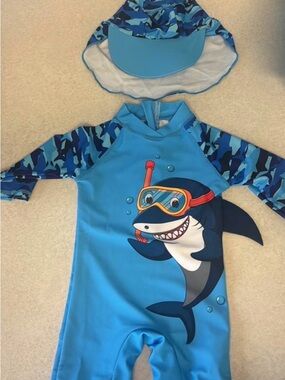 Kids Blue Shark Rashguard Swimsuit with Matching Cap